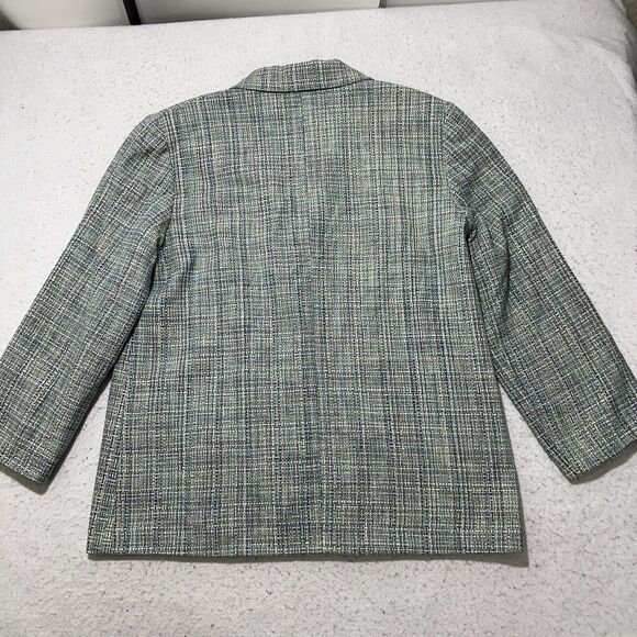David N. Women's 8 Pure Silk Blazer Jacket Open Front Tweed Green Striped Coat - Picture 10 of 12
